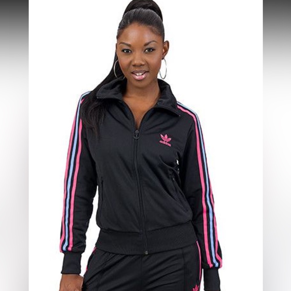 Women’s Adidas Originals Firebird Track Top Black With Pink/Blue Stripes Size M